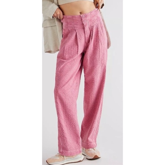 Free People Pink High-Waisted Wide Leg Textured Cotton Linen Chino Pants Size 6